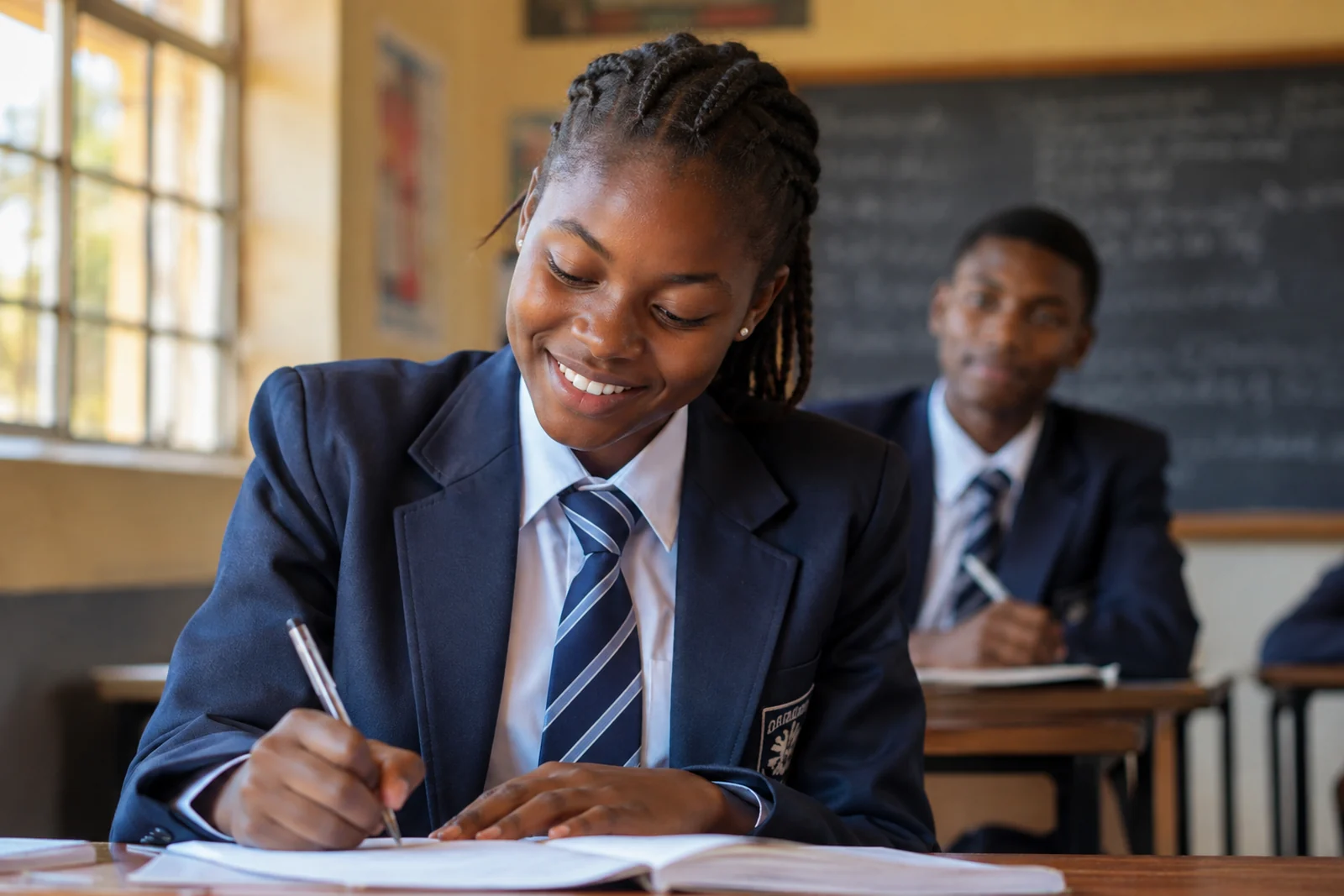 A Zimbabwean secondary school pupil writing at her desk in class